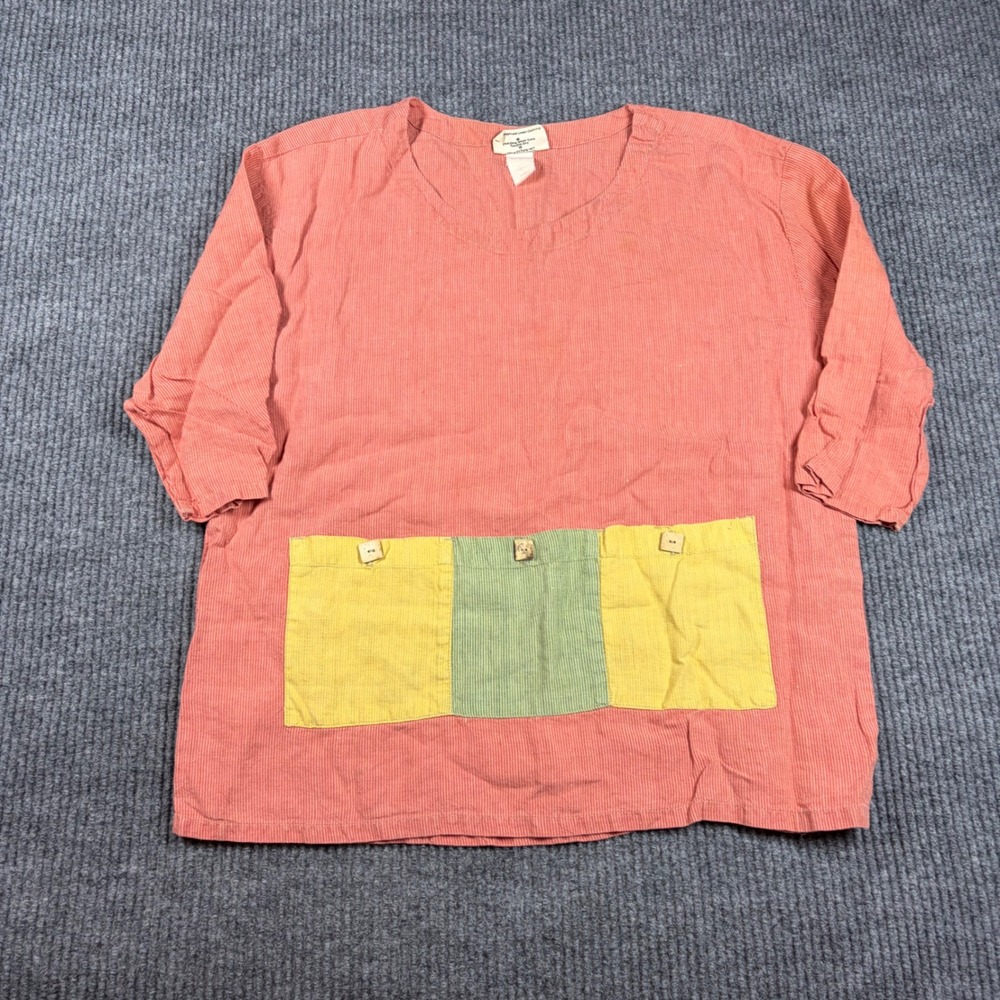 Liz & Jane Shirt Womens S Somewhat Funky Pink Striped Linen Tunic Top Colorblock